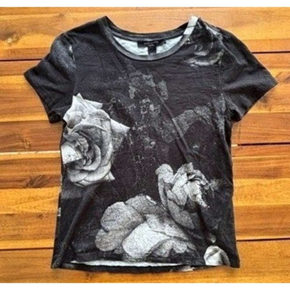 AllSaints Anna Black Gray Floral Graphic T Shirt Sheer Distressed‎ Grunge Top, S